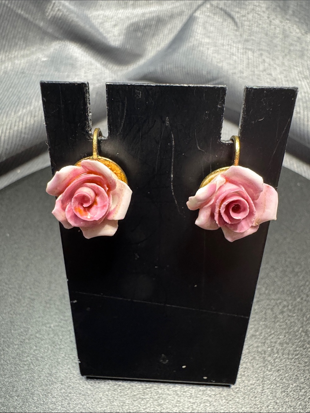 VTG Pink Porcelain Rose Hook Earrings with Gold-Tone Accents